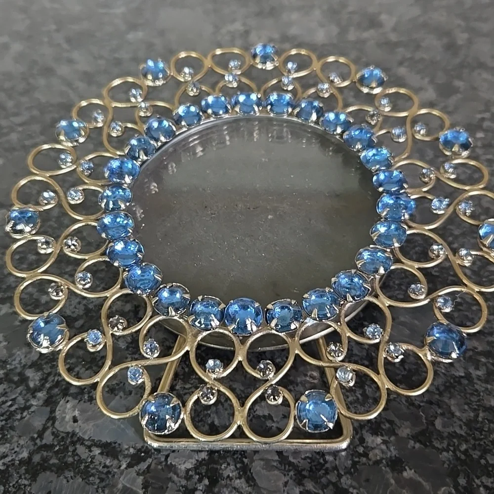 Gold Metal Round Frame Bedazzled with Blue Gem Stones